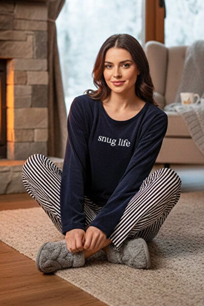 REMSA Women's Patterned Velvet Fabric Pajama Set 13314-2456 Navy Blue