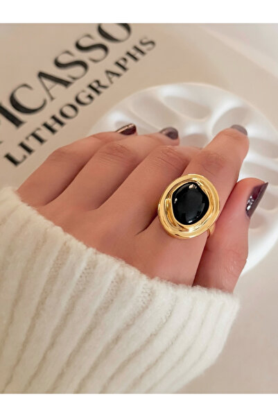 FIERA JEWELRY Black Stone Gold Adjustable Women's Ring