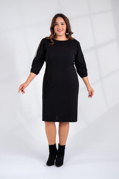 Roxxlen 333530 Rochie de damă mărime mare, neagră, cu detaliu din plasă la mâ...