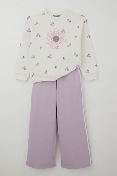 ALG Детски комплект спортен екип с флорална бродерия и принт, 6-9 години, екрю