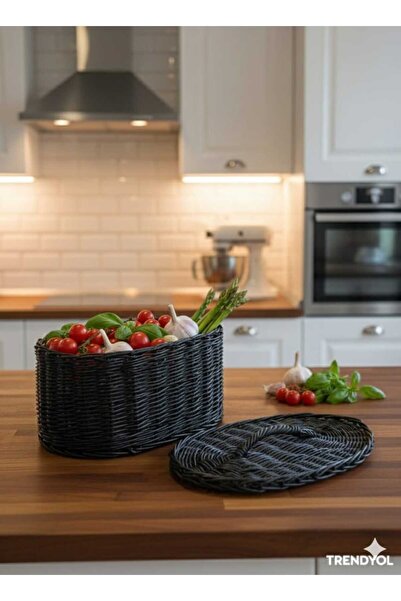 Eflosh Black Wicker Bread Basket with Lid - Stylish and Natural Kitchen Touch