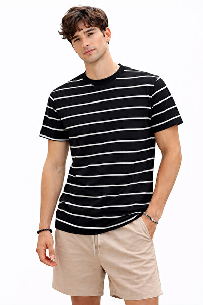 MODALAB Koyu lacivert Beyaz Çizgili Tişört | Bisiklet Yaka Günlük Rahat Basic...