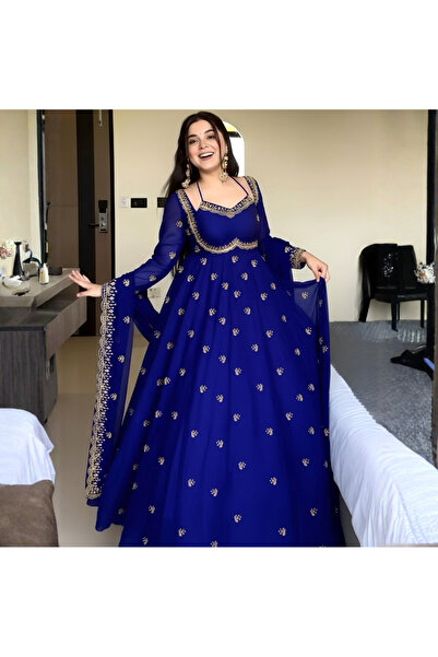 MYSMAR Blue Faux Georgette Gown - HRT5455 | Blue