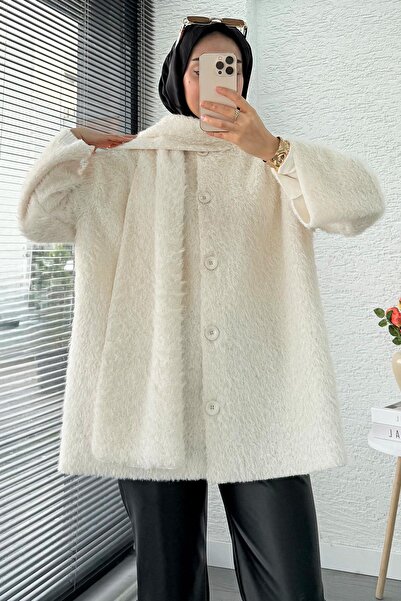 MELEK ARAZ Scarf Plush Women's Coat – Ecru