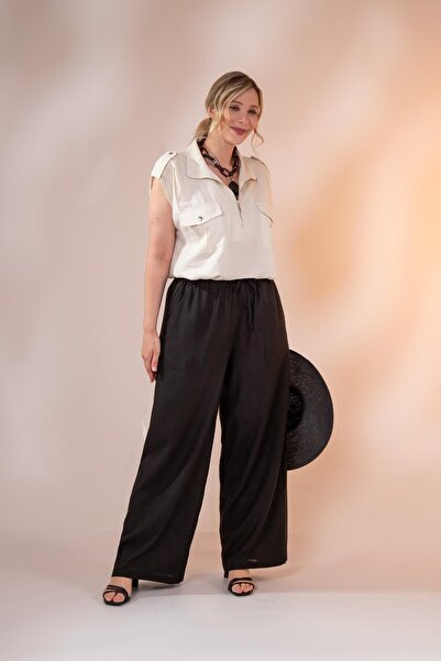 Roxxlen 1112074 بنطلون نسائي كبير الحجم من الكتان الأسود مع جيوب