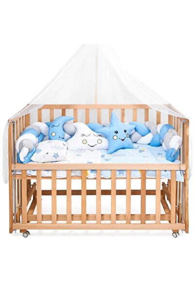 Jasmin Baby Crib Sleeping Set Blue Star Braided 7 Pieces + Mosquito Net and B...
