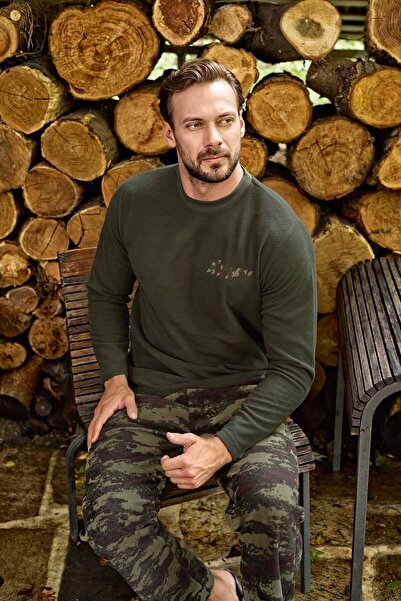 Aydoğan Men's Fleece Camouflage Pattern Long Sleeve Pajama Set 13006 Khaki02