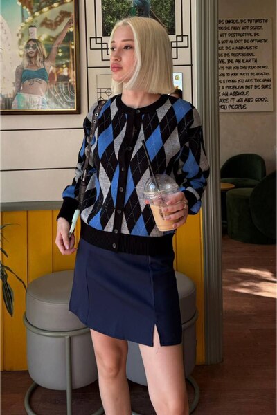 Madmext Lacivert Baklava Desenli Bisiklet Yaka Kadın Hırka Mg2496