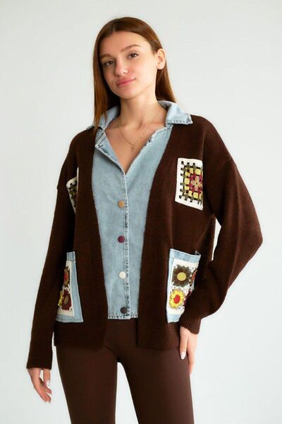 Lavanta Tekstil Cardigan with Embroidered Pockets and Denim Detail