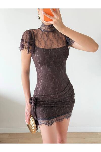 Miss Beyoğlu Dantelli Gül Saçak Detaylı Astarlı Mini Elbise