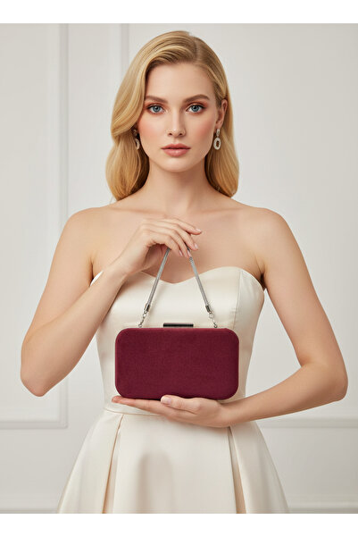 Biçanta Geantă de seară pentru femei, din piele intoarsa de lux, argintiu burgundy, cu mâner cu lanț, nuntă, logodna, absolvire