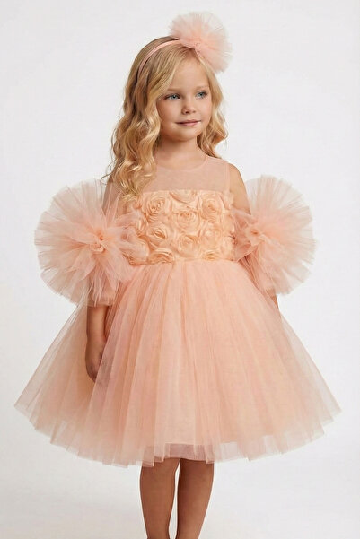 Ceylin Fashion Kız Çocuk Ponpon Kol 3D Güllü Askılı Kabarık Tütü Etekli Abiye...