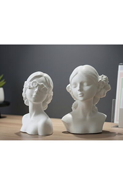 Atölye Pina 2'li Dekoratif Kadın Biblo Seti - El Yapımı Modern Antik Büst - E...