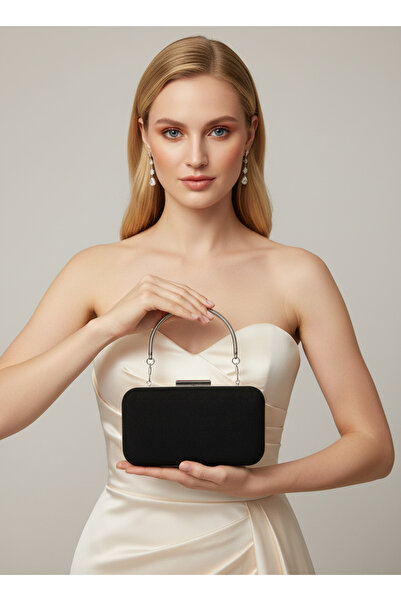 Biçanta Geantă de seară pentru femei, cu mâner cu lanț din piele de căprioară de lux, negru argintiu, nuntă, logodnă, absolvire