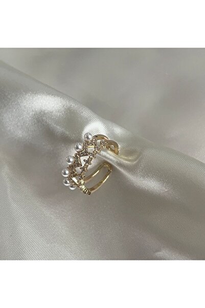 Goche Pearl Detailed Crown Design Adjustable Gold Color Women's Ring – Elegant Model with Zircon Stone