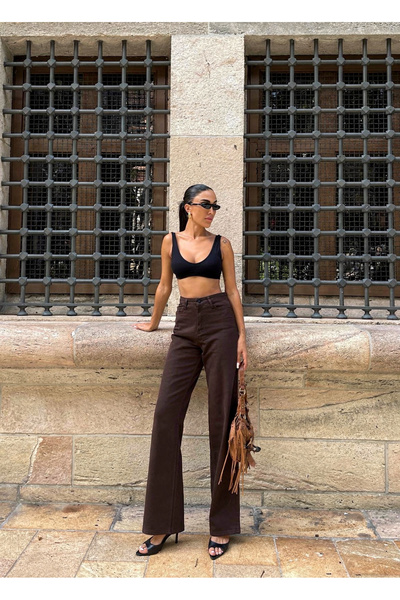 Caddebostan Moda Acı Kahve High Waist Palazzo Pants Modern Premium Luxury Trend Design Trousers