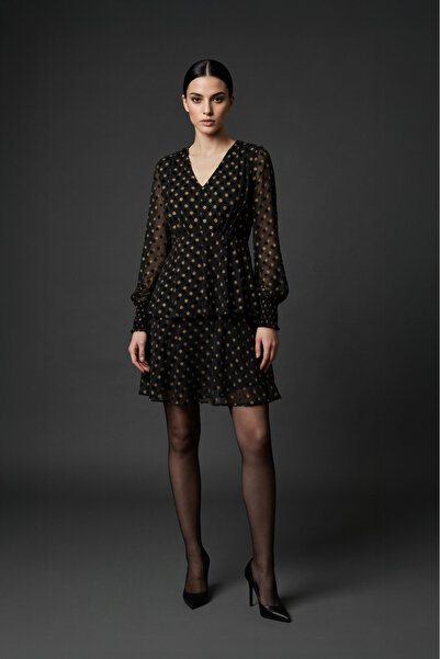 zaden Kadın Siyah Puantiyeli Şifon Mini Elbise – V Yaka Uzun Kollu Şık Elbise
