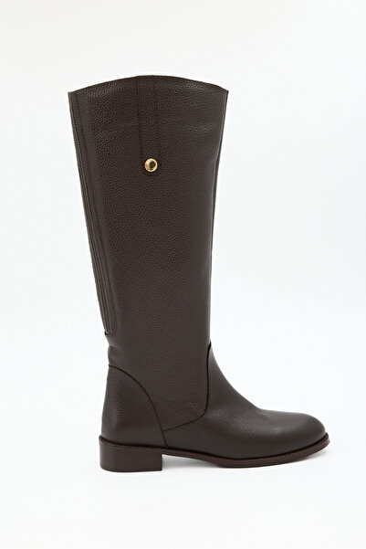 Jande Kadın Kahverengi Diz Altı XL Konç Hakiki Deri Çizme