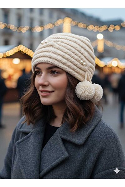 Betülce Kadın Boncuk ve Ponpon Detaylı Triko Bere | Yumuşak Dokulu, Kışlık Şapka