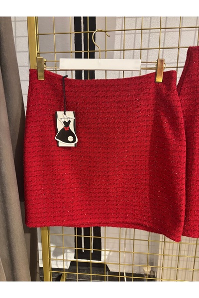 Kırmızı şanel kumaş mini etek