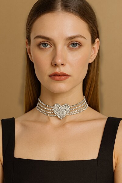 Boox99 Wip 4 Sıra Kalp Model Zirkon Taşlı Gerdanlık Kolye Abiye Nişan Düğün G...