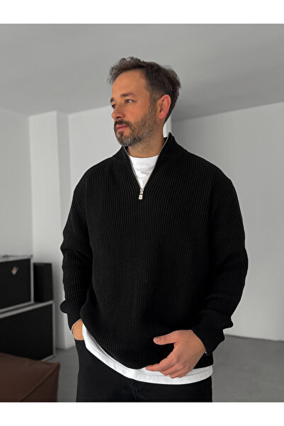 BYBASICMAN Tricotaj negru cu jumătate de fermoar Swea tricou JJ-169