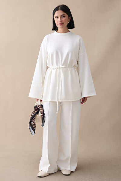 InStyle White Modal Suit with Belted Pants and Piping
