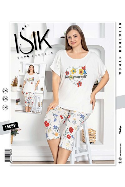 IŞIK طقم بيجاما نسائي منزلي ISIK بطبعة زهور وكابري – أبيض (موديل 15059)