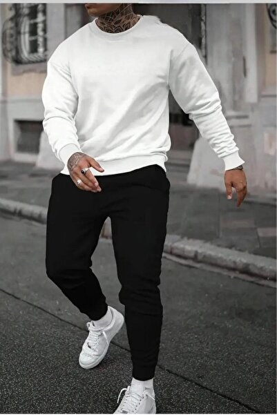 NO 601 Men's White Plain Crew Neck Black Plain Sweatpants Set