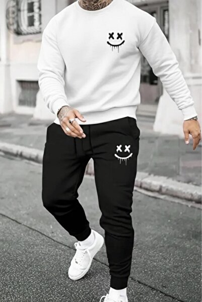 NO 601 Men's White Xx Smiley Printed Crew Neck Black Smiley Sweatpants