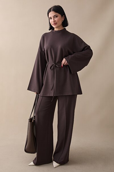 InStyle Belted Bitter Brown Modal Suit with Piping Pants