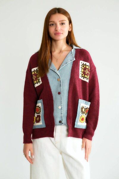 Lavanta Tekstil Cardigan with Embroidered Pockets and Denim Detail