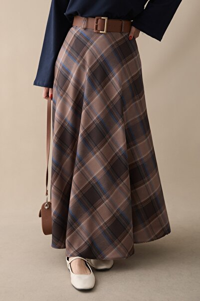 InStyle Belted Plaid Patterned Milk Brown Skirt