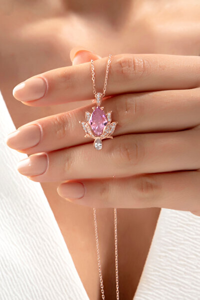 SARIASLAN Yeni Pembe Lotus Çiçeği Gümüş Kolye Zirkon Taşlı Kırmızı Altın Rengi