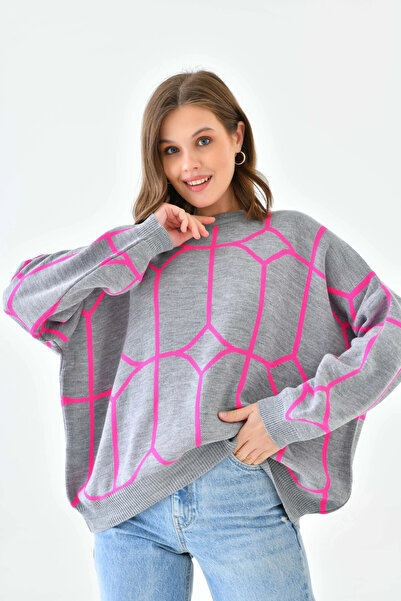 Park Karon Women's Crew Neck Patterned Oversized Knitwear Sweater 224403