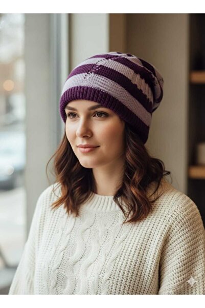 Betülce قبعة تريكو نسائية ذات طبقتين ونمطين بلونين |   قبعة شتوية ذات ملمس ناعم