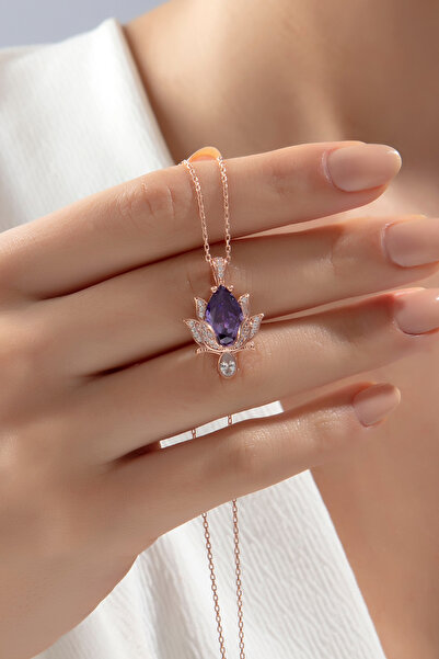 SARIASLAN Yeni Lotus Çiçeği Gümüş Kolye Ametist Zirkon Taşlı Kırmızı Altın Rengi