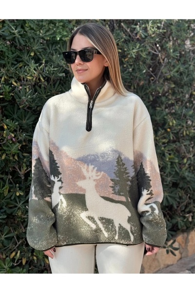 Tuba Desenli Peluş Polar Sweatshirt