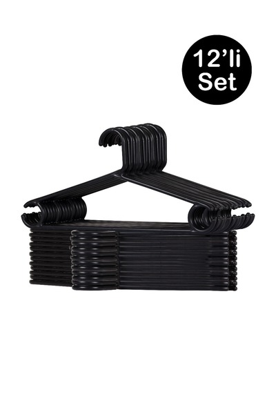 KAVAKPLASTİK 12 Adet Siyah Plastik Elbise Kıyafet Askısı 12'li Set