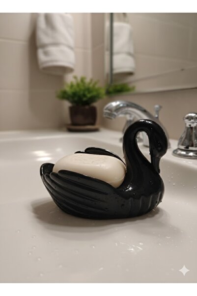 abnturk Kuğu Figürü Zarif Siyah Sabunluk porselen Görünümlü Sert Plastik
