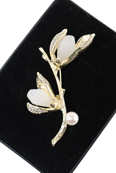 KEEBA Yeni Başlangıç Sözü Manolya Tomurcuğu Broş Opak Beyaz Taşlı Gold Renkli...