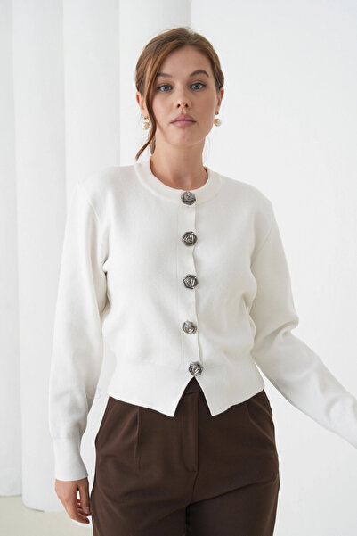 Park Karon Women's Crew Neck Button Detailed Premium Yarn Knitwear Jacket 12319.Crs