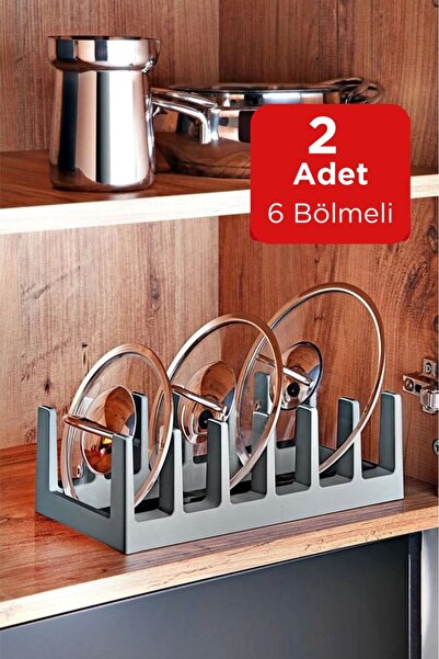 2 Adet - Tencere Kapağı Organizeri - 6 Bölmeli Tencere Kapak Rafı Antrasit