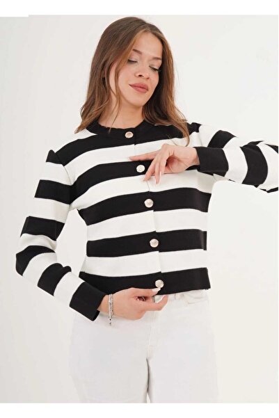 LAVRE DÜGME DETAYLI ÇİZGİLİ TRİKO HIRKA