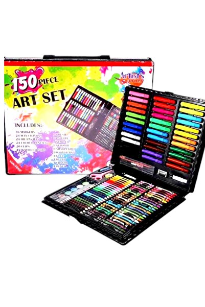 OEM Kit with handle, for coloring/drawing/painting, compartmentalized, 150 pieces, colored/waxed pencils, markers