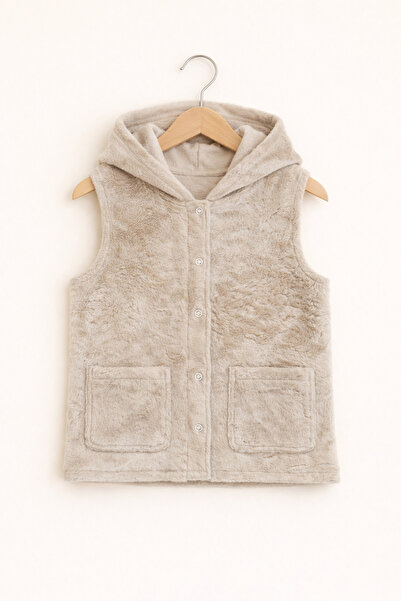 PUFFYBOO Özel Koleksiyon | Krem Kapüşonlu Peluş Unisex Bebek Çocuk Yelek