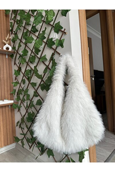 MUTE BAG Geantă de umăr din pluș pentru femei Fluffy Mellow White Tote (28*44)