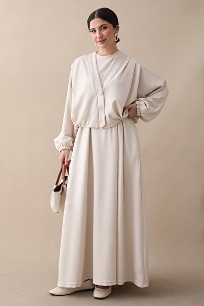 InStyle طقم ملابس من قماش المودال بلون إكرو مع سترة بأكمام الخفاش