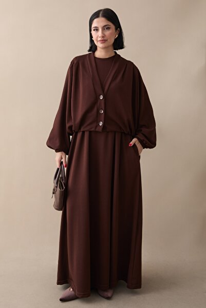 InStyle Brown Modal Suit with Batwing Sleeve Jacket and Dress