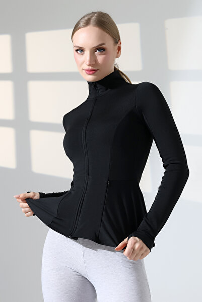 lubiti Mock Neck Fleece-Lined Volanlı Slimfit Sporcu Ceketi/Finger-Inserted Double Pockets